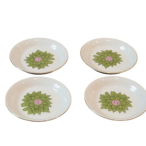 Floral Mini Plates Creative Japan Trinket Holder Gold Rim Set‎ of 4 Green White - Picture 1 of 9